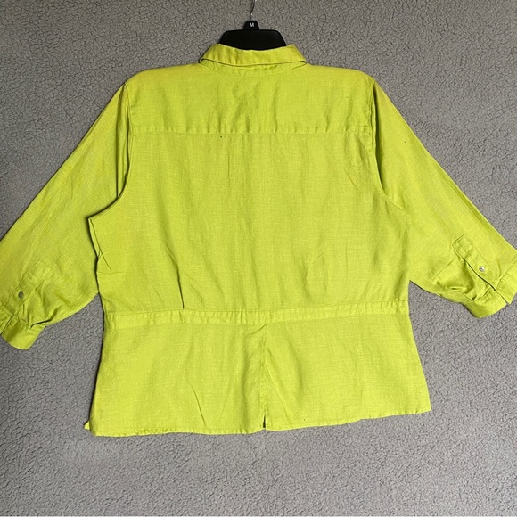 100% Linen Blouse Womens Size XL Flouresent Green Button Up - Picture 7 of 13